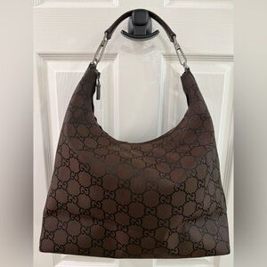 Authentic Gucci Canvas Brown and black Monogram Large Hobo Bag